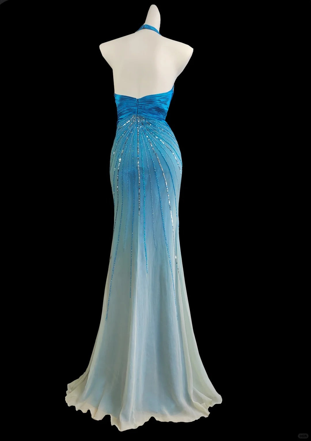 Robe de soirée longue en mousseline de soie, style vintage, bleu eau, exquise, perles, élégante, bretelles, longueur au sol, robe de bal, nv5234