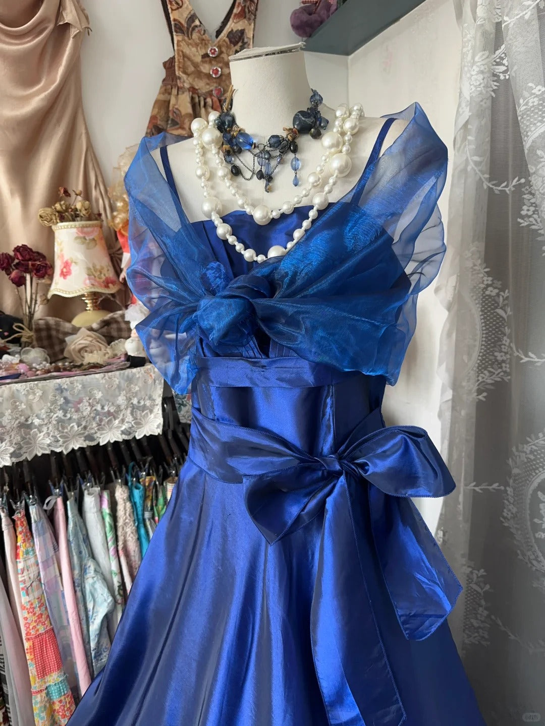 Robe de bal longue en satin bleu vintage élégante, robe de soirée, robe de bal, robe de fête d'anniversaire, nv4628