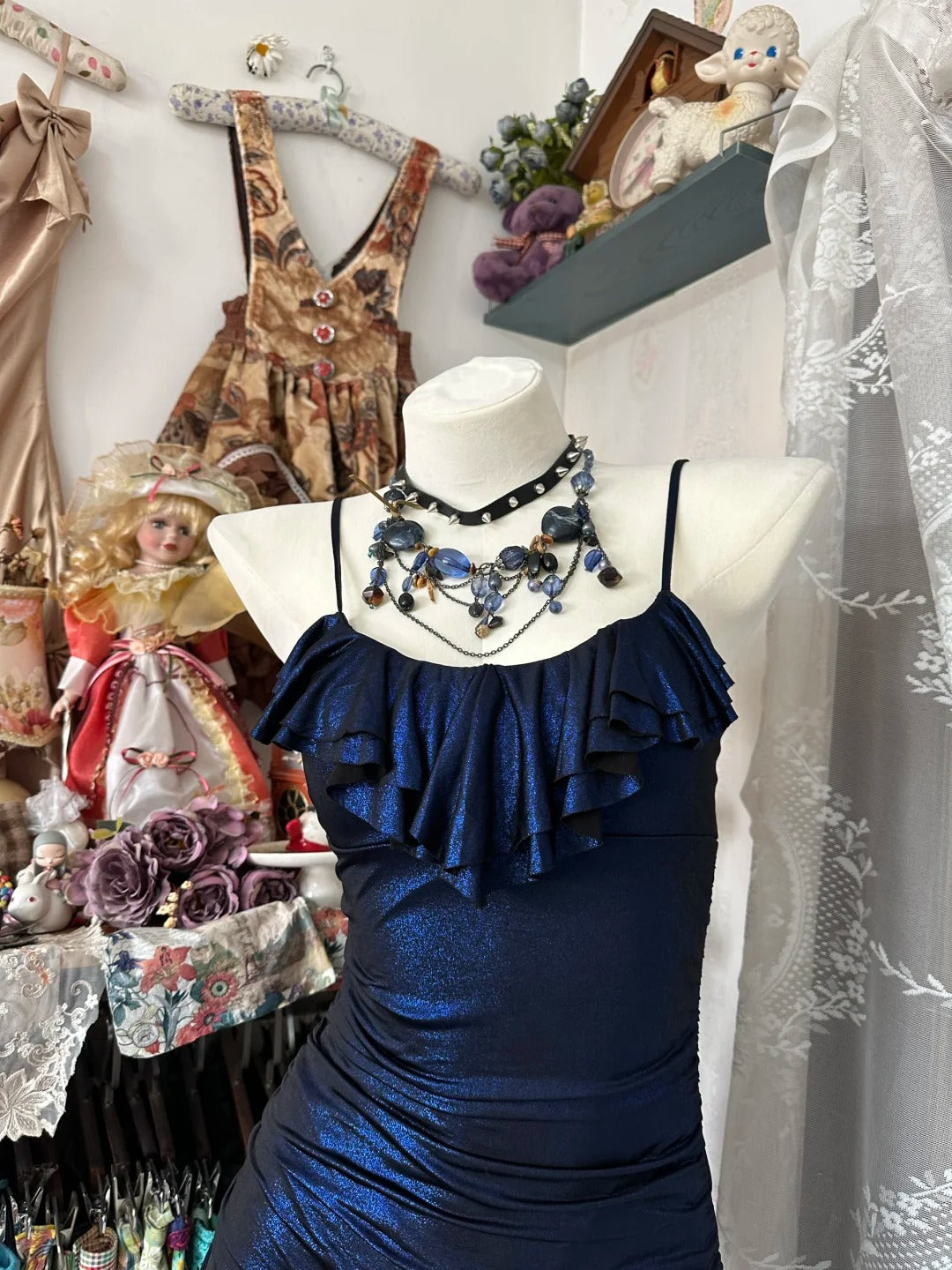 Marineblaues Vintage-Kleid, elegant, kurz, Satin, glänzend, für Heimkehr, Ballkleid, Cocktailparty, Kleid nv4624