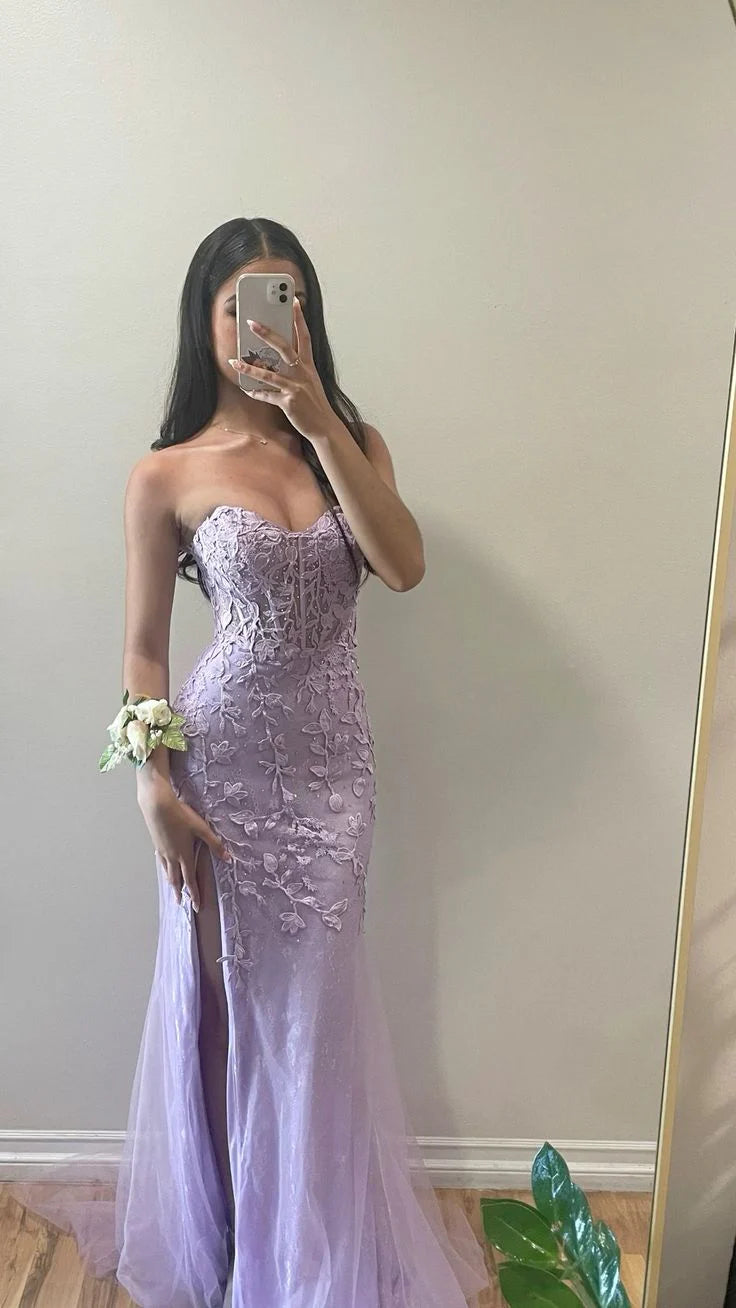 Purple Mermaid Elegant Sweetheart Neck Strapless Slim Lace Long Prom Dress Guest Bridesmaid Dress Evening Dress Party Dress nv2423