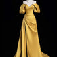 Robe de soirée longue en satin jaune à épaules dénudées et coupe A nv2194