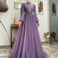 Lila A-Linie, schlichtes und elegantes Tüll-Abendkleid mit schmaler Passform und langen Ärmeln, Ballkleid, NV2066