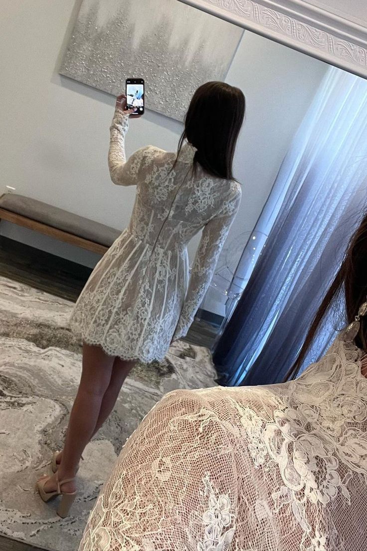 Weißes langärmliges A-Linien-Heimkehrkleid mit Spitze, Ballkleid, Partykleid nv2059