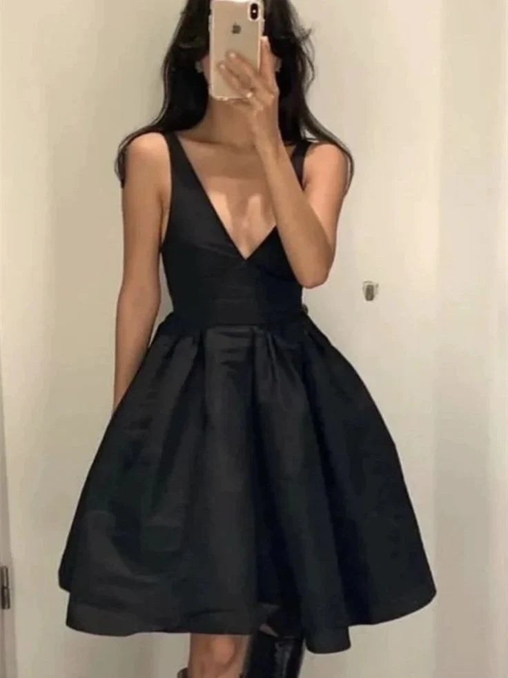 Robe de soirée courte en satin à col en V et dos nu, robe de remise de diplôme, robe d'anniversaire, nv2147
