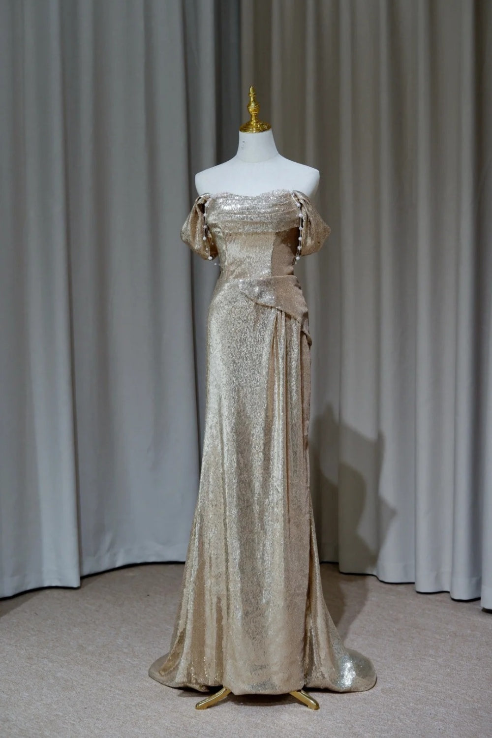 NiceVestidos – Goldfarbenes, paillettenbesetztes, langes, schimmerndes Abendkleid NV5994