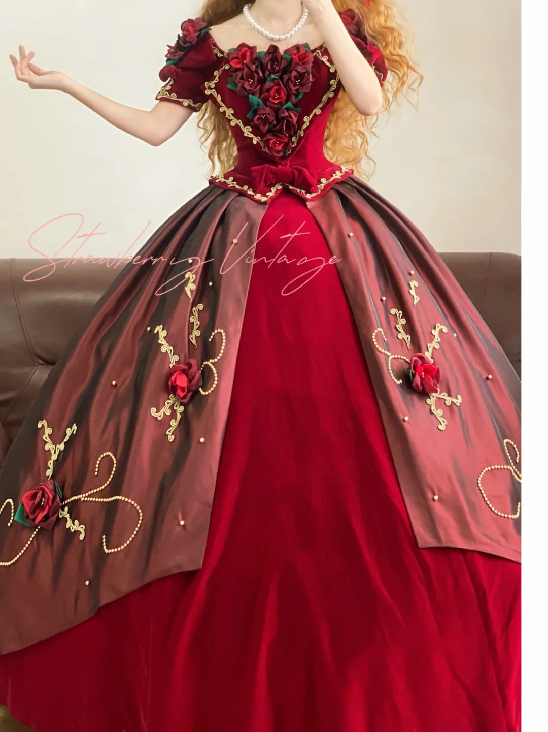 Robe de bal princesse longue en satin bordeaux, élégante, vintage, motif floral, nv5006