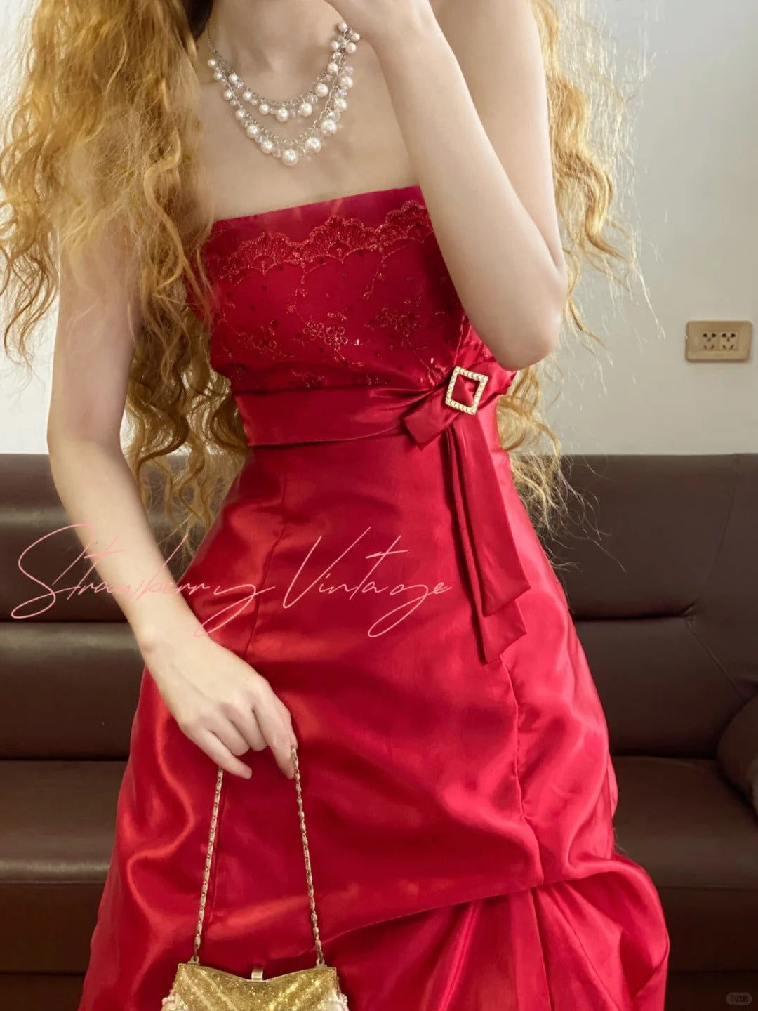 Robe de soirée longue princesse en dentelle rouge vintage élégante nv5001
