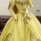 Langes Ballkleid aus Tüll im Vintage-Stil mit gelber Blumenapplikation, NV4999
