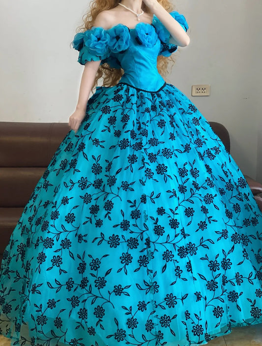 Blue Floral Long Tulle Vintage Ball Gown nv5040