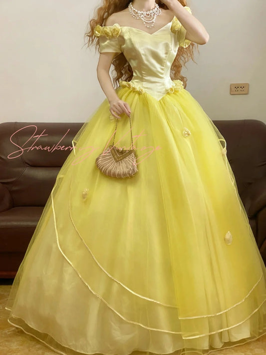 Gelbes Vintage-elegantes langes Prinzessinnen-Ballkleid aus Tüll, NV5003