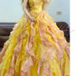 Langes Ballkleid aus Tüll mit gelbem Perlenverzierung und Farbverlauf im Prinzessinnenstil. nv5079
