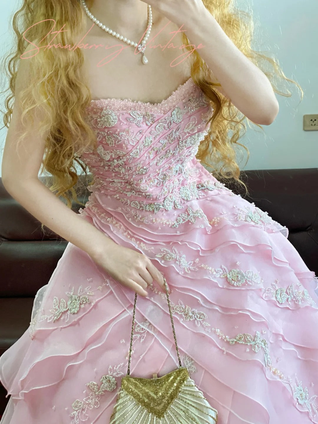 Rosa Blumen Elegantes Stufen Langes Tüll Ballkleid Abendkleid nv5019