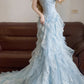 Blaues, langes Ballkleid mit Perlenspitze und Tüll im Prinzessinnen-Stil, NV5044