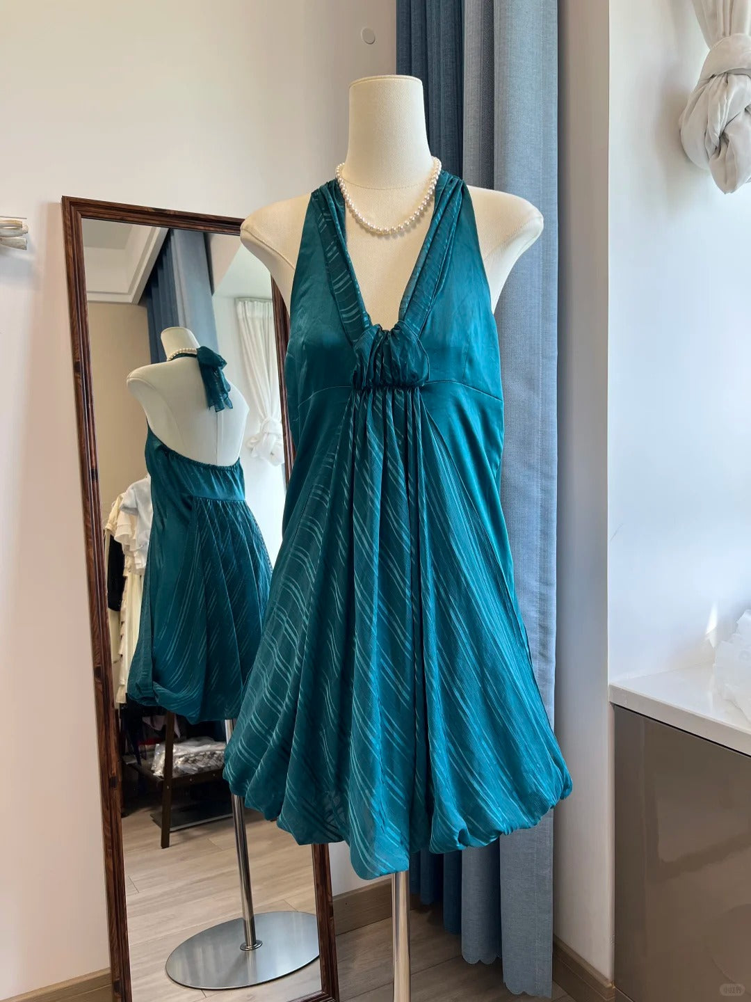 Robe de soirée courte en mousseline de soie bleu paon vintage, robe de fête d'anniversaire nv5099