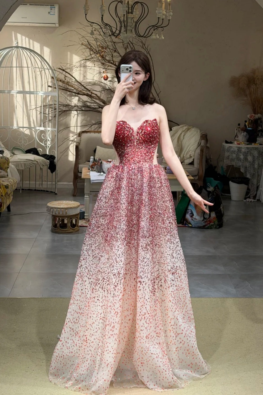 Robe de bal longue sans manches, style dégradé féérique | Robe de bal maxi en tulle à sequins rose poudré pour gala, fiançailles ou soirée de luxe NV6272