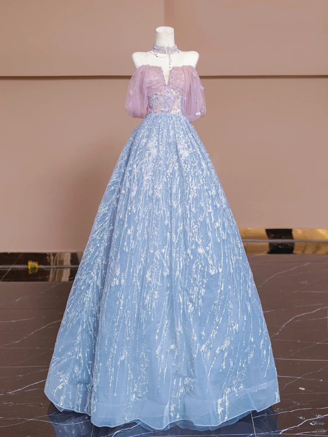 Rosa Blau Perlen Lange Tüll Bodenlangen Ballkleid Abendkleid nv5052