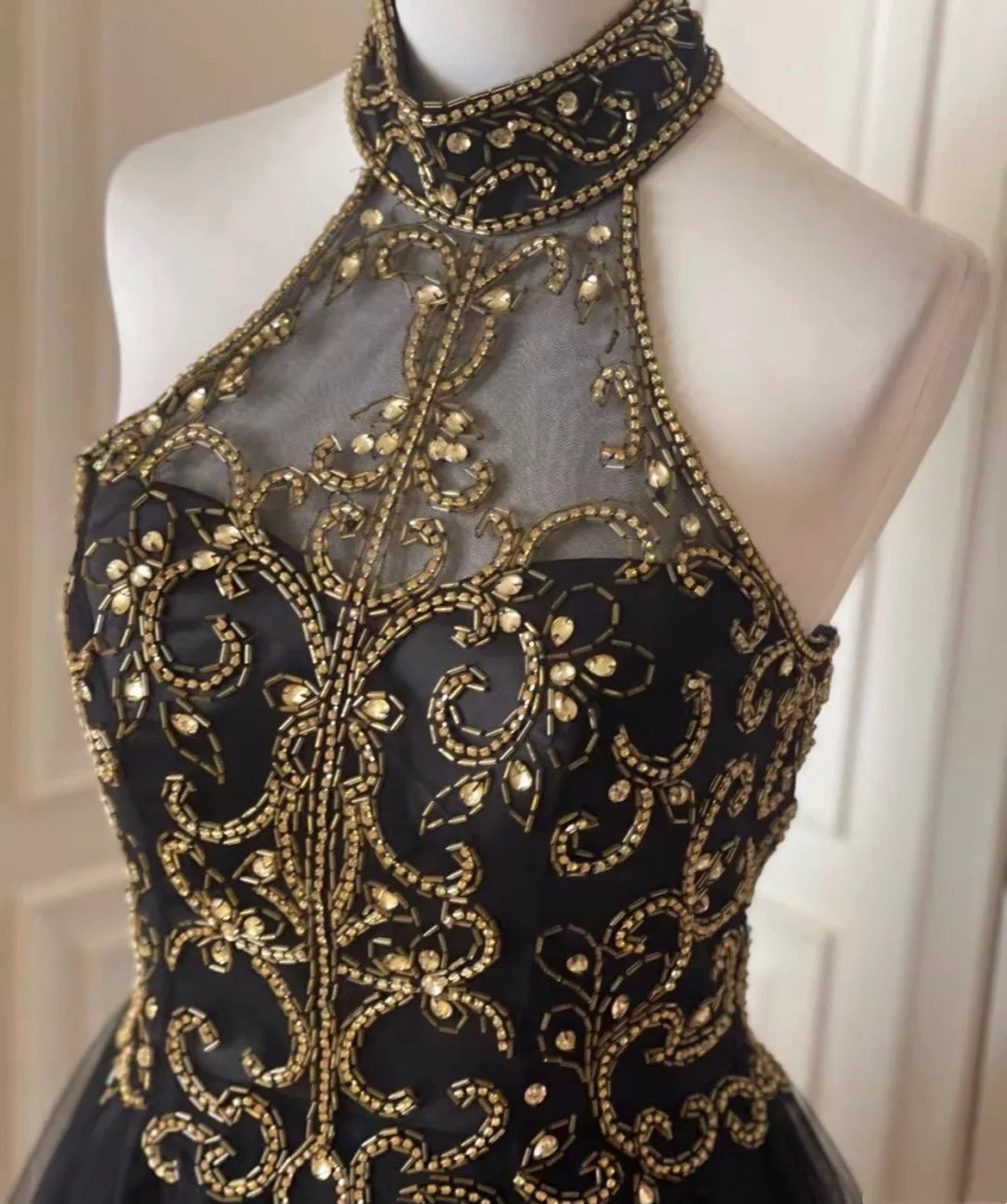 Robe de soirée vintage courte à perles noires et dorées, robe de soirée d'anniversaire nv4711
