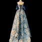 Blue Monet Water Lily Oil Painting Elegant Long Satin Floral Ball Gown Evening Dress Party Dress nv4184
