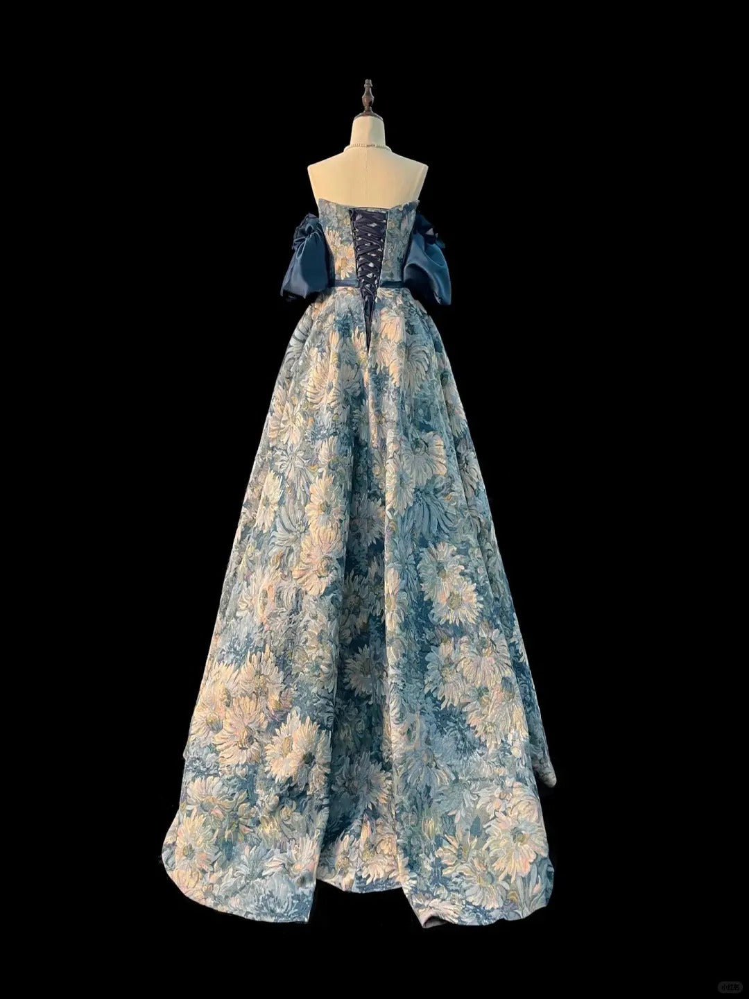 Blue Monet Water Lily Oil Painting Elegant Long Satin Floral Ball Gown Evening Dress Party Dress nv4184