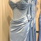 Robe de soirée longue en satin bleu, magnifique, brillante, exquise, perlée, élégante et sexy, fendue, robe de bal, robe de soirée nv4148