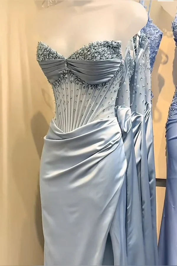 Robe de soirée longue en satin bleu, magnifique, brillante, exquise, perlée, élégante et sexy, fendue, robe de bal, robe de soirée nv4148