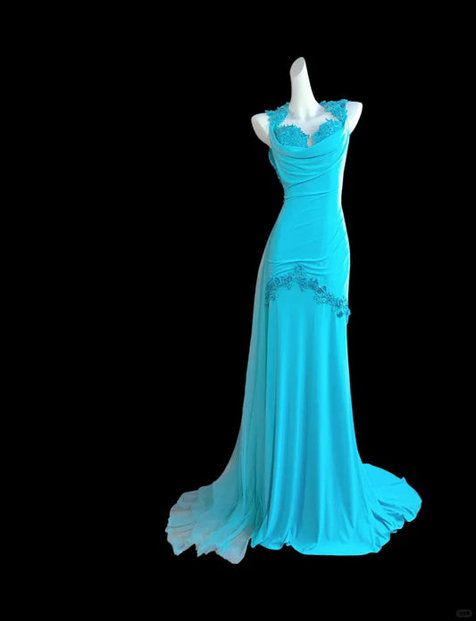 Blue Beaded Backless Long Chiffon Ball Gown Evening Gown Graduation Gown nv4400