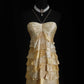 Robe de soirée longue à volants en mousseline de soie à paillettes marron et jaune vintage nv5208