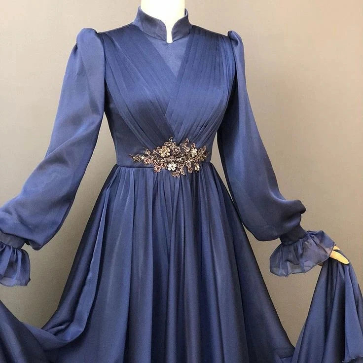 Robe de soirée élégante à manches longues et ceinture pailletée, robe de bal trapèze, robe de soirée nv1897