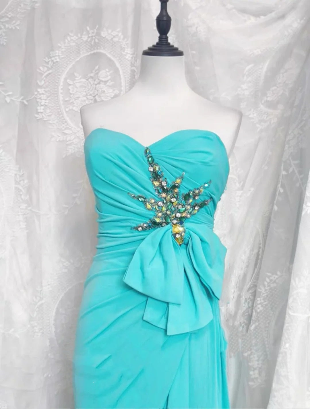 Blaues, perlenbesetztes, langes Tüll-Ballkleid, Abendkleid, Partykleid, nv4372