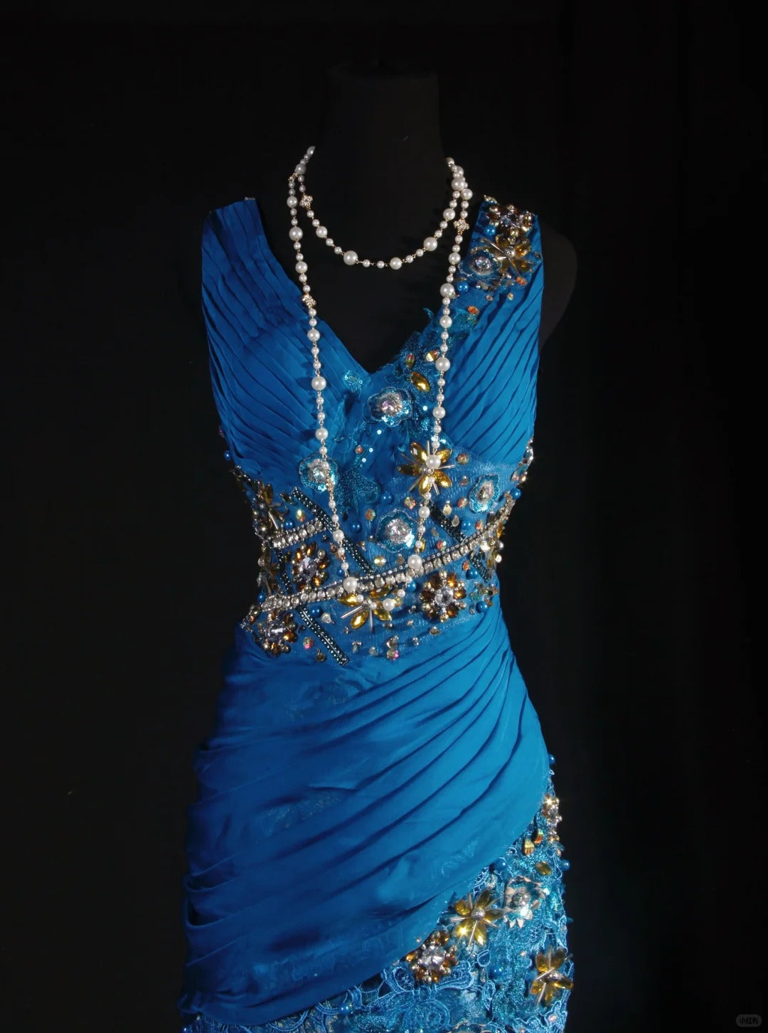 Fantasieblaues, exquisites, florales Perlen-Langspitzen-Satin-Ballkleid, Partykleid, Vintage, NV5211