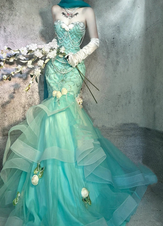 Blaues wunderschönes, exquisites, langes Ballkleid aus Satin mit Perlen, Abendkleid, Partykleid, NV4377