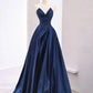 Blue A-line simple elegant satin off-shoulder long ball gown party dress evening dress nv2510