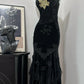 Schwarzes Vintage Elegantes Zartes Perlen Blumenapplikation Langes Samt Ballkleid Abendkleid Geburtstagspartykleid Abschlussballkleid nv4053