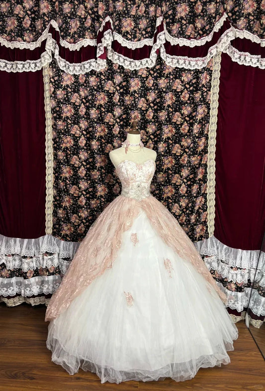 Rosa Vintage Fashion Floral Perlen A-Linie Lange Tüll Off-Shoulder Ballkleid Quinceanera Kleid Abendkleid nv4219