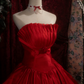 Vintage Scarlet Strapless Ball Gown with Rose Appliques, Satin Wedding Reception Dress  NV6882