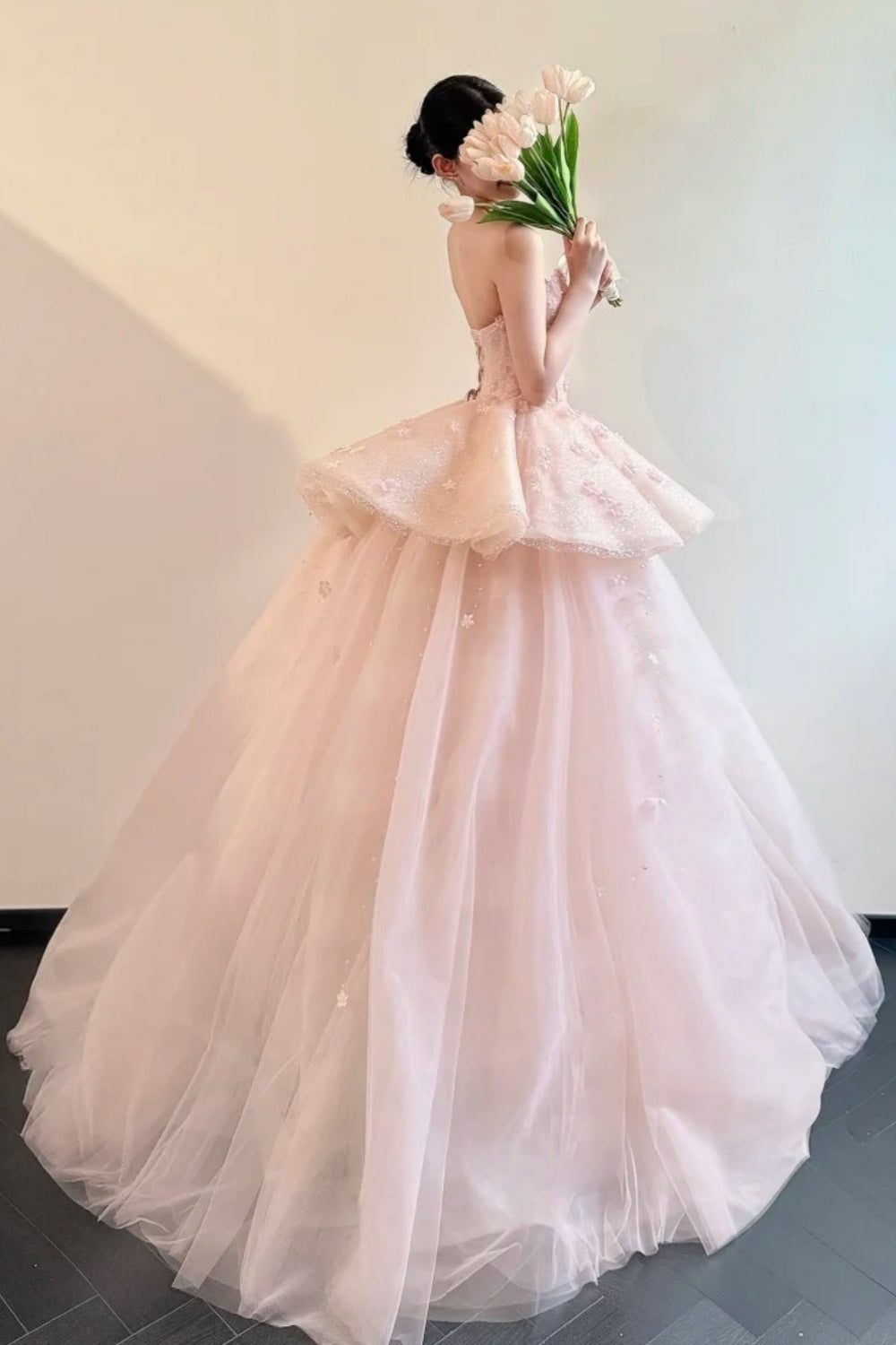 Pink shiny floral long chiffon ball dress princess dress NV6741