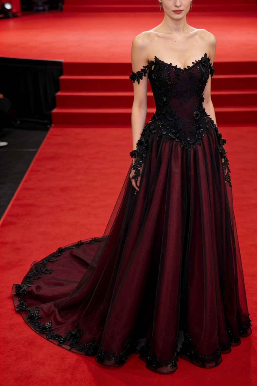 Schwarzes, burgunderrotes, trägerloses Spitzenkleid – schulterfreies Ballkleid/Abendkleid/Ballkleid/Maxikleid für den roten Teppich NV6803