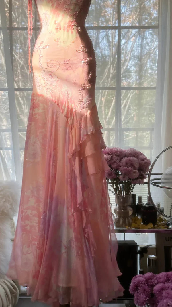 Elegant and romantic ruffled chiffon pink long prom dress nv5321