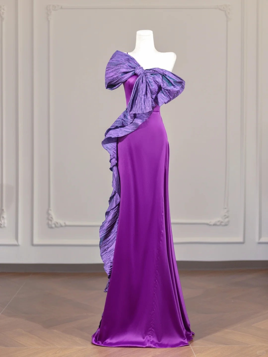 Lila Schleife Langes Satin Ballkleid Abendkleid Partykleid nv4961