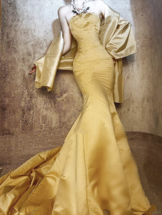 Gelb wunderschöne exquisite Perlen lange Satin Ballkleid Abendkleid Partykleid nv4374
