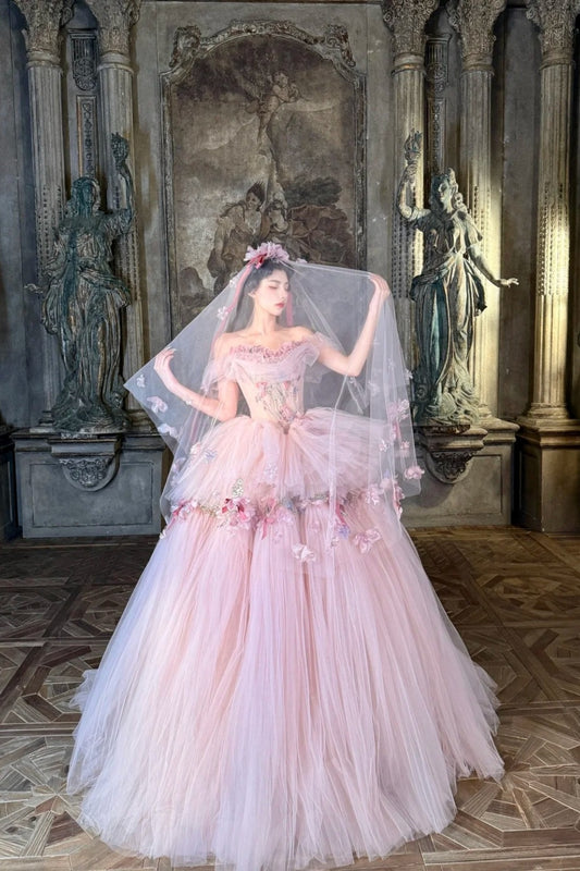 Langes, rosafarbenes Ballkleid aus Tüll mit Blumenmuster NV6654
