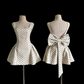 Beige Polka Dot Spaghetti Strap Mini Dress - Square Neck Back Bow Party/Date/Light Evening Dress NV6809