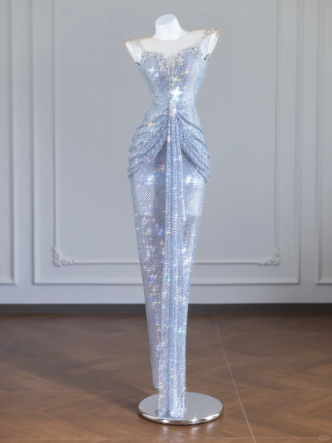 Silbernes, glänzendes, langes Ballkleid mit Pailletten, Abendkleid, Partykleid, nv4722