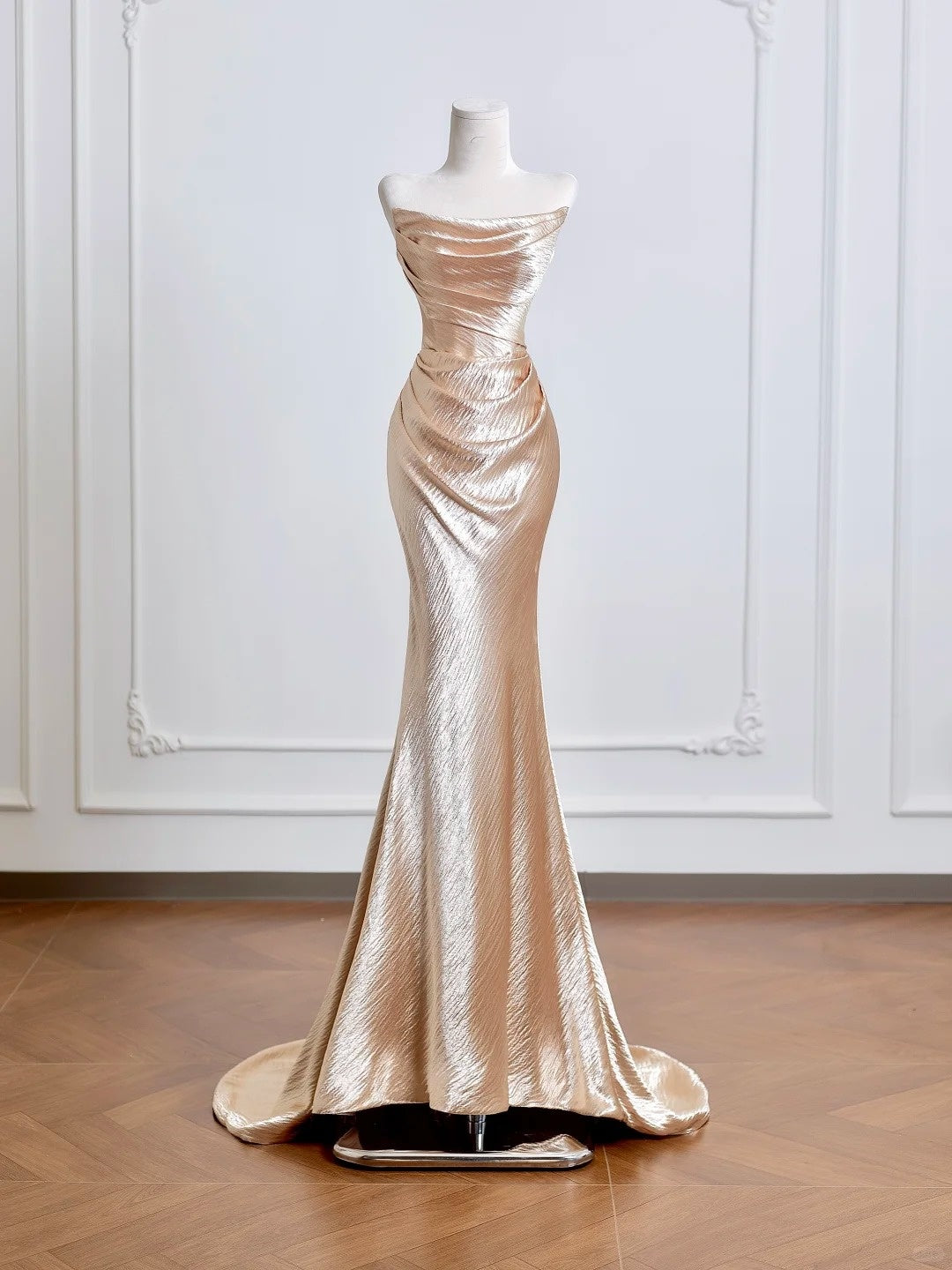 Champagner-Gold, elegantes langes Satin-Ballkleid, Abendkleid, Partykleid, nv4949
