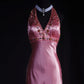 Rosa exquisite Perlen Retro-Mode lange Satin Ballkleid Partykleid nv5210
