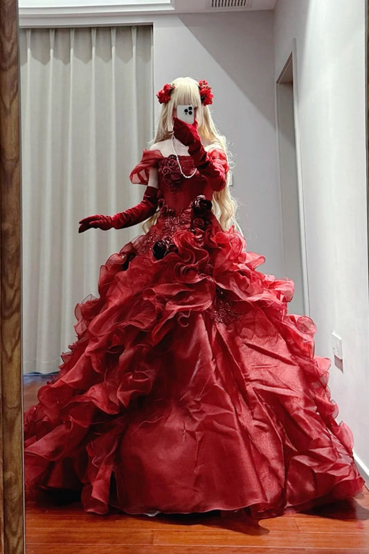 Rotes, zart perlenbesetztes, langes Tüllballkleid NV6662