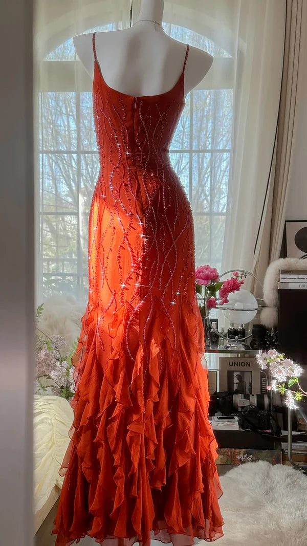 Vintage Abendkleider, Orange Meerjungfrau Ärmellose Lange Partykleider nv4330