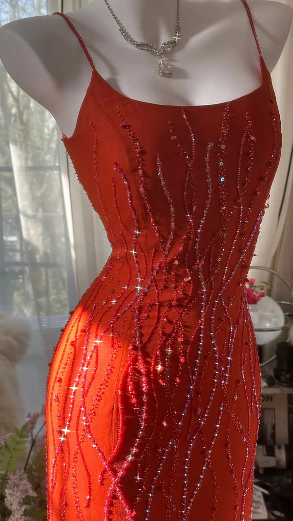 Vintage Abendkleider, Orange Meerjungfrau Ärmellose Lange Partykleider nv4330