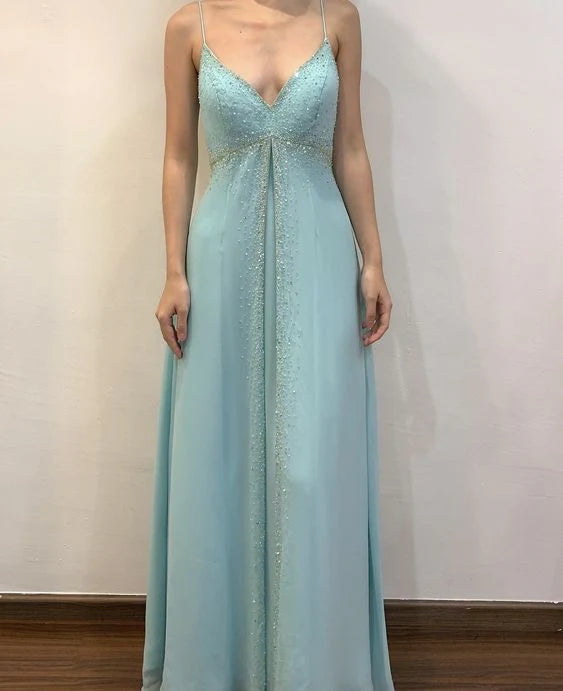 Hellblau glänzendes elegantes V-Ausschnitt Spaghettiträger langes Chiffon Ballkleid Abendkleid Partykleid, nv3742