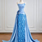 Blaues, glänzendes, langes, bodenlanges Satin-Ballkleid mit Pailletten, Abendkleid, Abschlusskleid, NV5104